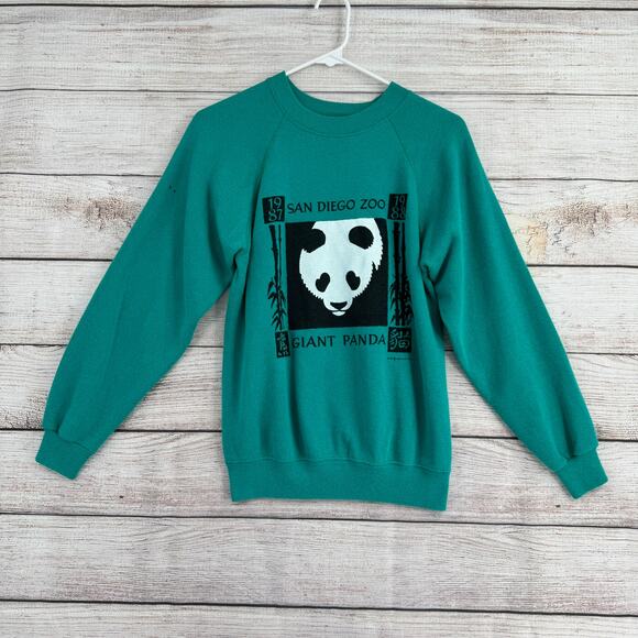 Vintage 80s Hanes San Diego Zoo Giant Panda Crewneck Sweatshirt Adult S Green - Picture 1 of 8